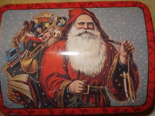 Vintage Christmas St.  Nick Santa Claus Red Tin - Hinged Chest Style
