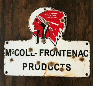 Vintage " Red Indian " Mccoll Frontenac 9x7.  5 " Porcelain Sign Oil Pump Gas Station