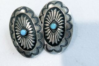 Vintage Sterling Native American Navajo Conch Style Pierced Turquoise Earrings