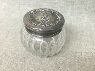 Antique Art Nouveau Cut Crystal Dresser Jar With Sterling Silver Repoussé Lid
