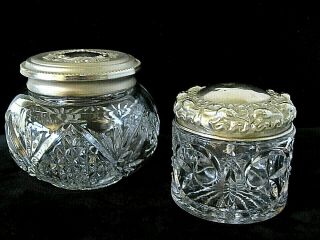 Lovely Set Of 2 Vintage Cut Glass Vanity Powder Jars With Repousse Lids