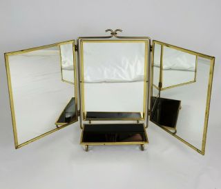 Mid - Century Tri - Fold Tabletop Vanity Mirror Gold Metal With Perfume Tray Vintage