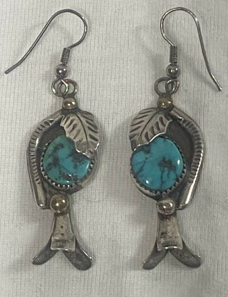 Vintage Navajo Sterling Silver Turquoise Signed Platero Dangle Earrings