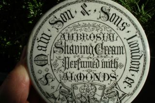 Antique (c1900) LONDON Gothic style print,  Shaving Cream Pot Lid on ebony stand 3