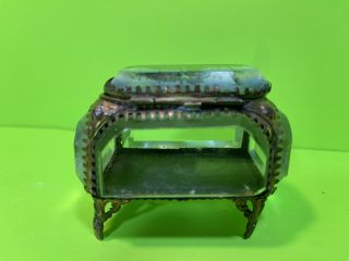 Antique French Eglomise Brass Trinket Box Beveled Glass Souvenir Casket 1889