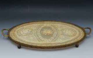 Semi Antique French Brass & Glass Dresser Vanity Perfume Tray With French Lace