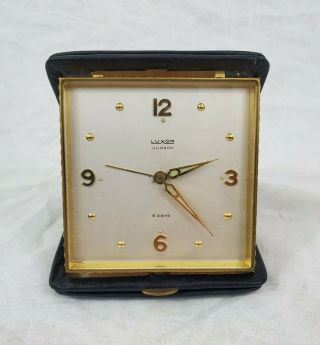 Vtg Luxor Hudson 8 Days Travel Alarm Desk Clock Swiss Made In Case Mcm Art Deco