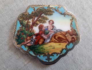 Antique Italy 800 Silver & Hand Painted Enamel Compact - Lovers