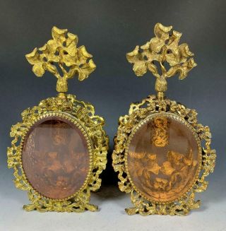 Pair Vtg Large Gold Ormolu Vanity Perfume Bottles Amber Glass Hollywood Regency