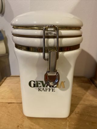 Vintage Gevalia Kaffe Coffee Canister Porceline White And Gold