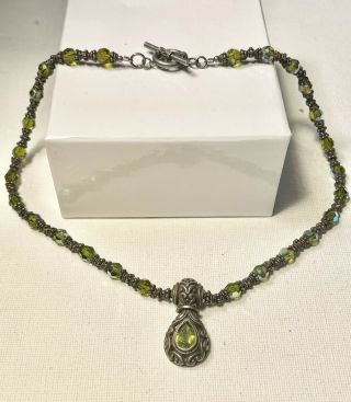 Vintage Sterling Silver 925 Necklace Peridot Green Glass Toggle Clasp 14”