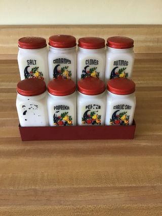 Vintage Cornucopia/horn Of Plenty Milk Glass Spice Set With Display Rack