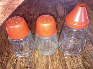 Federal Housewares Vintage Glass Salt Pepper & Sugar Shakers W Red - Orange Lids