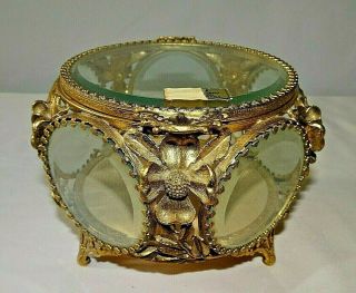 Vintage Matson Stylebuilt Ormolu Gold Filigree Beveled Glass Jewelry Trinket Box
