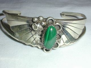 Vintage Old Pawn Sterling Silver Malachite Hand Tooled Cuff Bracelet