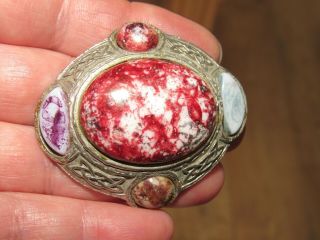 Vintage Jewellery Scottish Celtic Knot Cabochon & Pebble Agate Plaid Brooch Pin