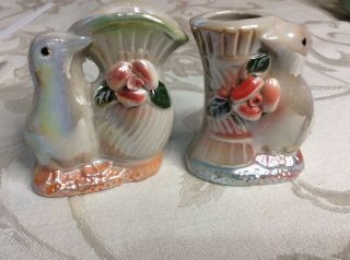 Vintage Lusterware Mini Planters Vase Flower Birds Penguins Set Of 2 Japan
