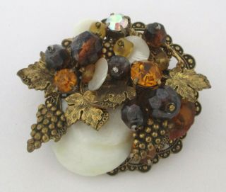 Vintage Topaz Rhinestone/glass Bead/mother Of Pearl/grape Cluster Brooch