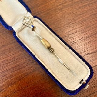 Art Deco 14k White Gold Sapphire &.  17 Carat Diamond Stick Pin W/ Backing 2.  7g