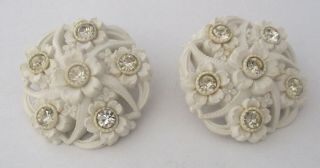 Vintage Carved White Celluloid Rhinestone Earrings
