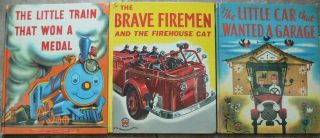 3 Vintage Wonder Books Little Train That Won A Medal,  Brave Firemen & Firehouse