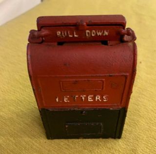 Vintage Cast Iron Red And Blue Mailbox Coin Box Piggy Bank