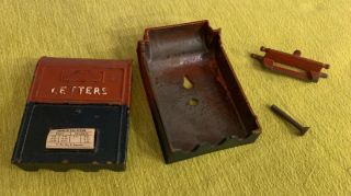 VINTAGE CAST IRON RED AND BLUE MAILBOX COIN BOX PIGGY BANK 2