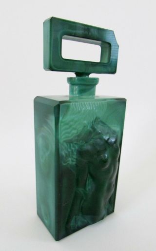 Old Czech Art Deco Faux Malachite Glass Perfume Bottle Female Nude