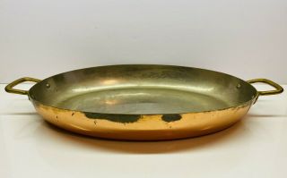 Vintage Large Tin Lined Oval Copper Pan With Brass Handles 16 " X 11 "