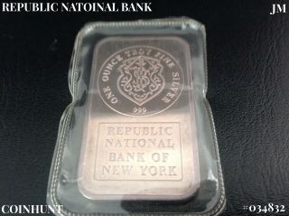 1 Oz Johnson Matthey Republic National Bank Silver Vintage Bar 034832.  999 Fine