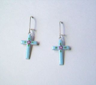 Vintage Cross Earrings Guilloche Enamel - Sterling Silver Wire - Blue/pink Flower