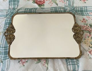 Vintage Ornate Rectangular Vanity Mirror Footed Tray Gold Tone Filigree