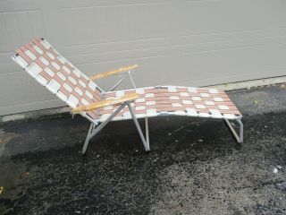 Vintage Aluminum Chaise Lounge Chair Webbed Folding Wood Arms Reclining Brown