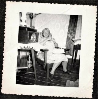 Antique Vintage Photograph Older Woman By Old Time Radio W/ Birthday Cake On Lap