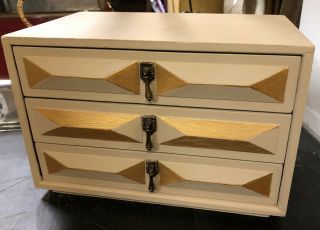 Vintage Retro Art Deco Wooden Jewelry Box 3 Drawers Velvet Lined Compartments
