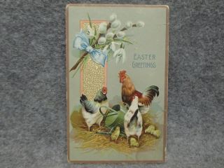 Vintage Easter Greetings Embossed Postcard Chickens Rooster Chicks P.  C.  209 - 1