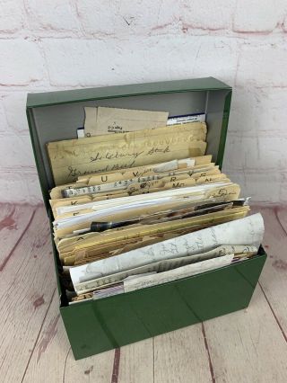 Vintage Green Metal Large Recipe Box Great Handwritten,  Typed & Clipped Recipes