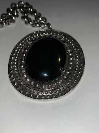Vintage Whiting Davis Co Oval Black Onyx Pendant Silver Tone Loop Jewelry Gem 2