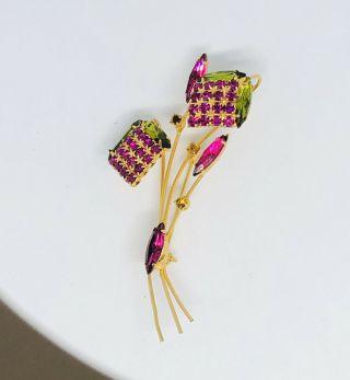 Great Vtg Juliana D&e Purple Pink Green Glass Rhinestone Wire Flower Pin Brooch