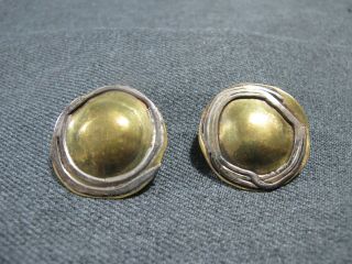 Vintage Brutalist Hand Crafted Bronze & Sterling Rounded Earrings Signed