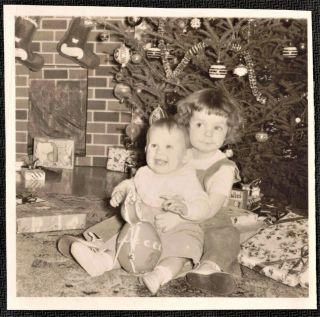 Antique Vintage Photograph Cute Little Girl Holding Baby By Christmas Tree