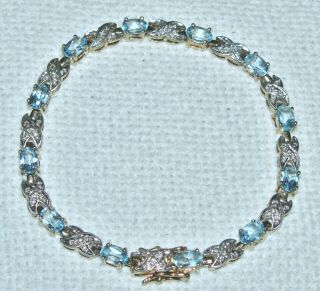 Vintage.  925 Sterling Silver Aquamarine Or Topaz Gemstone Diamond Chip Bracelet