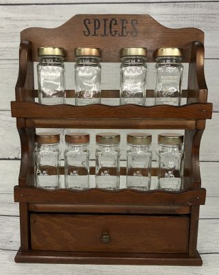 Vintage Wooden Spice Rack 2 Tier W Drawer 9 Jars Wall Hangs Standing 10x14 "