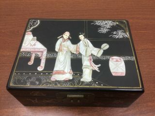 Vintage Carved Lacquered Chinese Jewelry Box Geisha Black Brass Silk