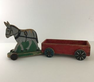 Antique Handmade Hand Painted Wooden Horse Pulling Wagon Pull Toy Vintage Mule