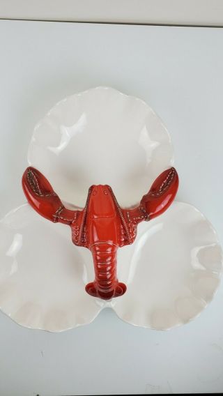 Vintage Porcelain Lobster Handled Divided Serving Dish Bowl,  White Clam Shell