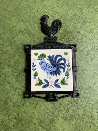 Vintage Green Cast Iron Rooster Trivet With Green And Blue Rooster Tile