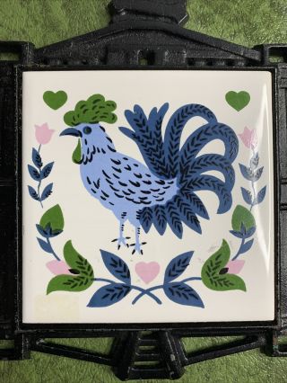 Vintage Green Cast Iron Rooster Trivet with Green and Blue Rooster Tile 2