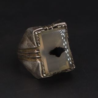 Vtg Sterling Silver Art Deco Dendritic Agate Ridged Signet Ring Size 6.  5 - 5.  5g