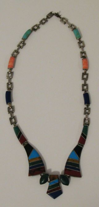 Vintage Sterling Silver ? Multi Stone Mexico Necklace Turquoise Coral Jasper